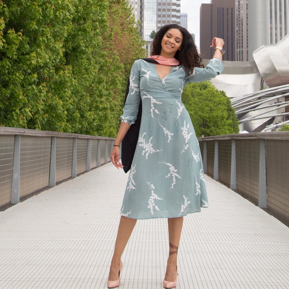 Floral print Soft teal faux wrap dress